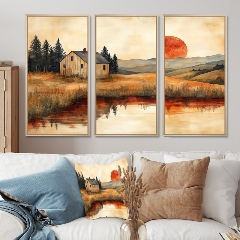 Orange And Black Farm Landscape Earthy Elegance - Farmhouse Wall Decor Set, Natural Floater Framed Canvas