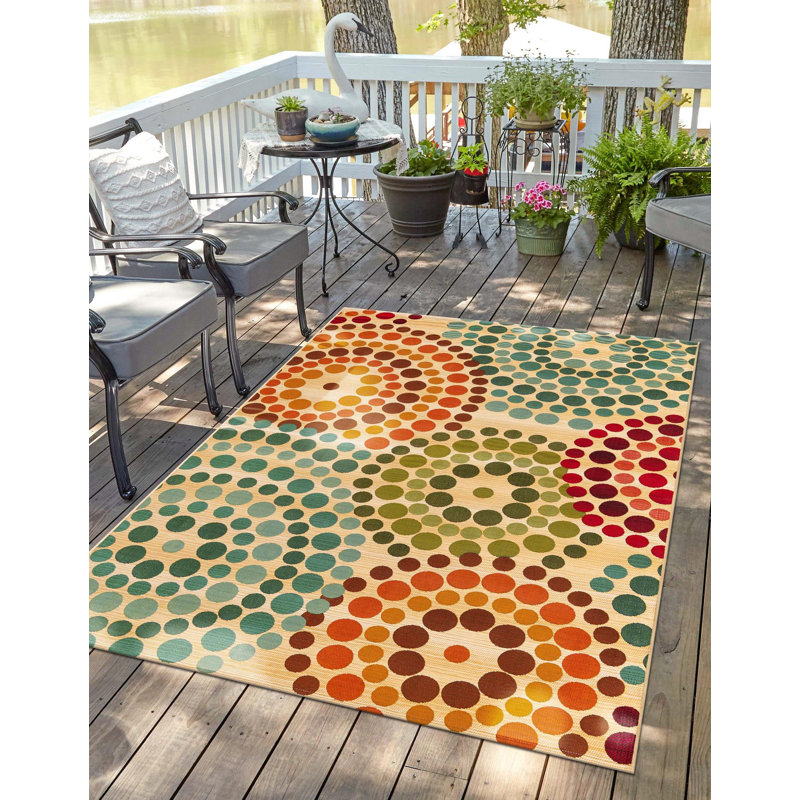 Tapis intérieur / extérieur vert / beige / rouge / turquoise Deweese, Rectangle 10 pi x 12 pi 2 po