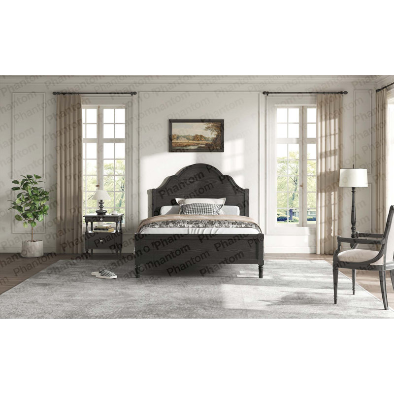Lit plateforme double en bois avec tête et pied de lit, noir (heure d’arrivée prévue: 6,2), Black, Lit double