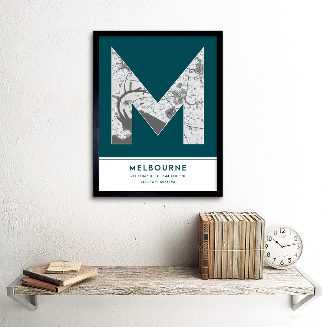 Melbourne City Map Melbourne Teal by Wee Blue Coo - Single Picture Frame Typography