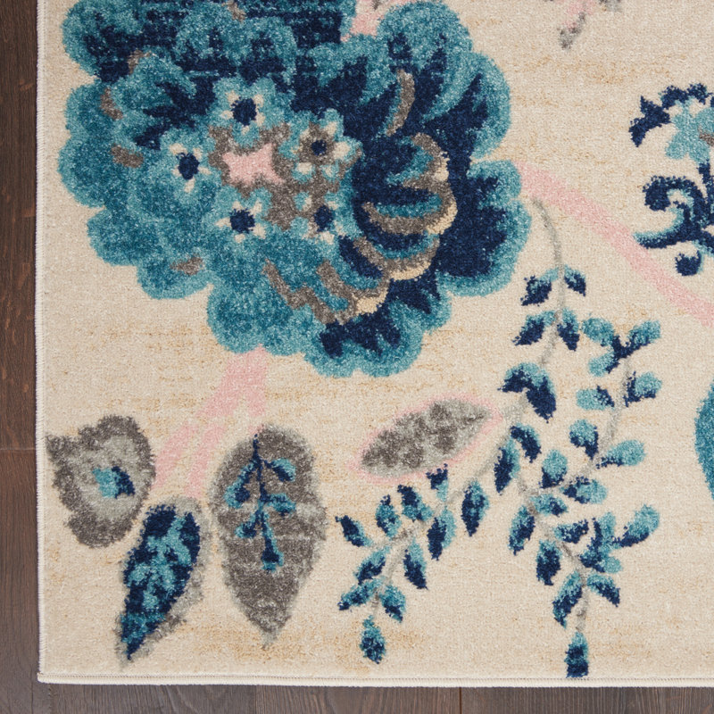 Tapis floral en polypropylène tissé à la machine ivoire / bleu, Rectangle 4 pi x 6 pi