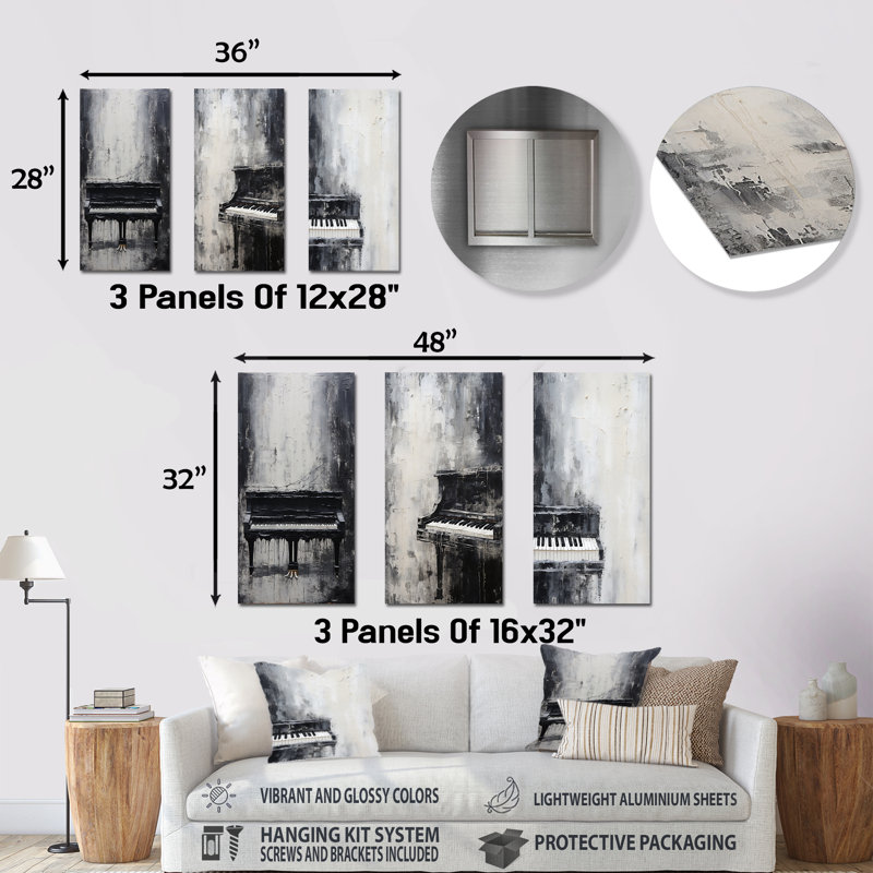 Minimalisme, piano, minuit, noir et blanc - Ensemble de 3 décorations murales piano en métal, H 32 po x l 48 po