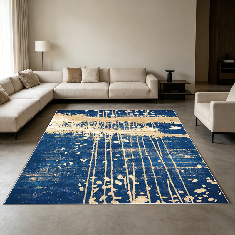 1PC Distressed Navy Blue Tan Striped Abstract area rugs for Living Room, Soft and Comfortable, Suitable for all seasons, easy-to-maintain, machine washable Indoor floor mat, Under Table Farmhouse suitable for dining table, coffee table, entryway,