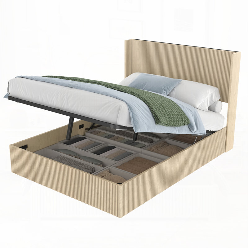 Base de lit plateforme en bois avec rangement relevable, Grand lit, Chêne