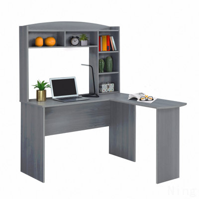 Modern L-Shaped Desk With Hutch, Grey