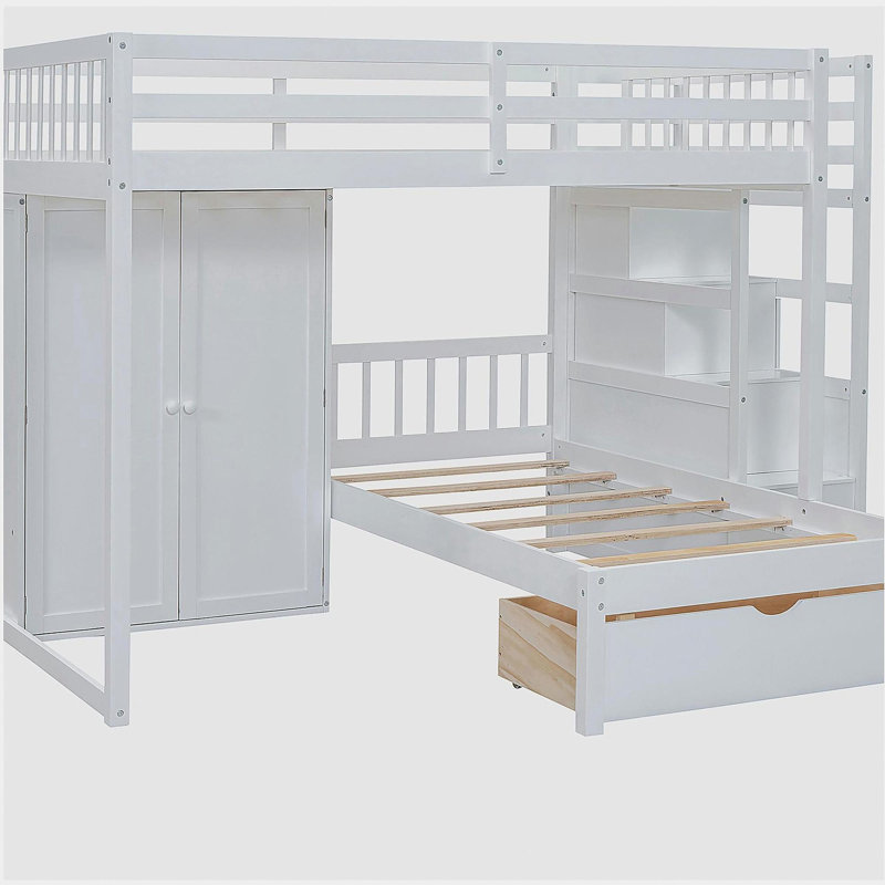 Lit superposé double avec garde-robe, tiroirs, blanc, Blanc