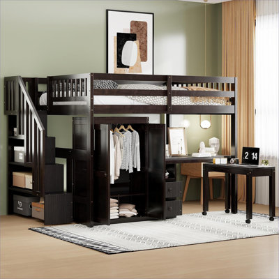 Full Size Playhouse-Inspired Multifunctional Loft Platform Bed, Solid Wood Construction in Classic Brown with Integrated Work and Storage Space