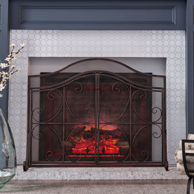 Iron Fire Screen With Ornamental Design, 32.46" H X 43.25" W, Easy Access, Matte Finish Modern Screen, Construction, Ornamental, Access