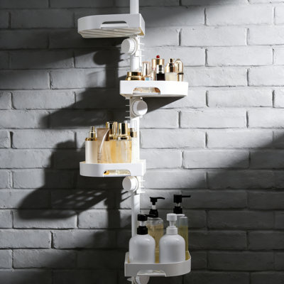 4-Tier Corner Shower Caddy Tension Pole, Adjustable Rustproof Metal, Plastic Shelves With Safety Guardrail, White
