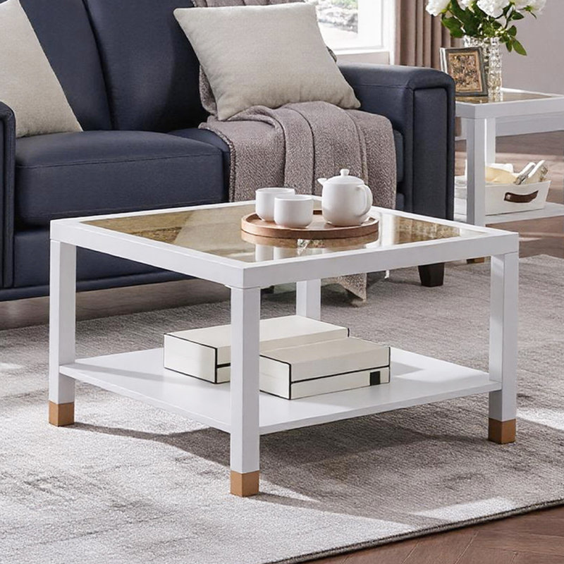 Table basse moderne carrée - structure en métal blanc éclatant de 27,6 po avec plateau en verre doré de luxe, Blanc ; doré