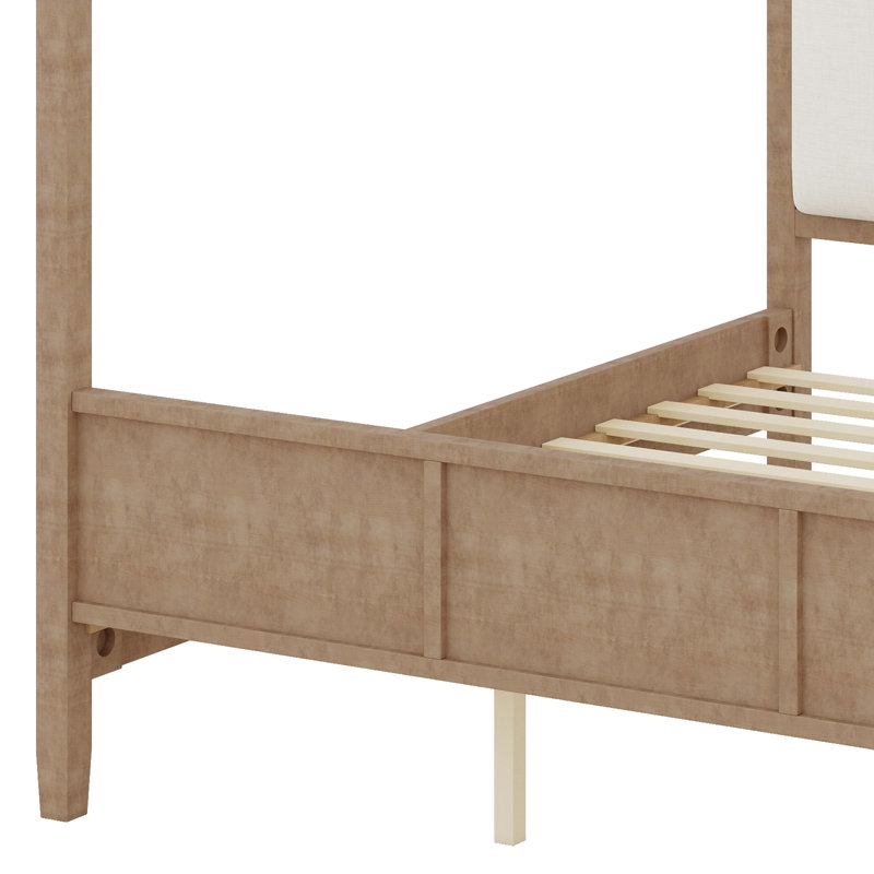 Lit à baldaquin contemporain en bois avec tête de lit rembourrée et structure robuste, Natural Walnut