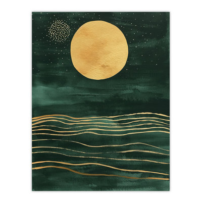 Boho Abstract Full Moon Dark Green Seascape Wall Art Print