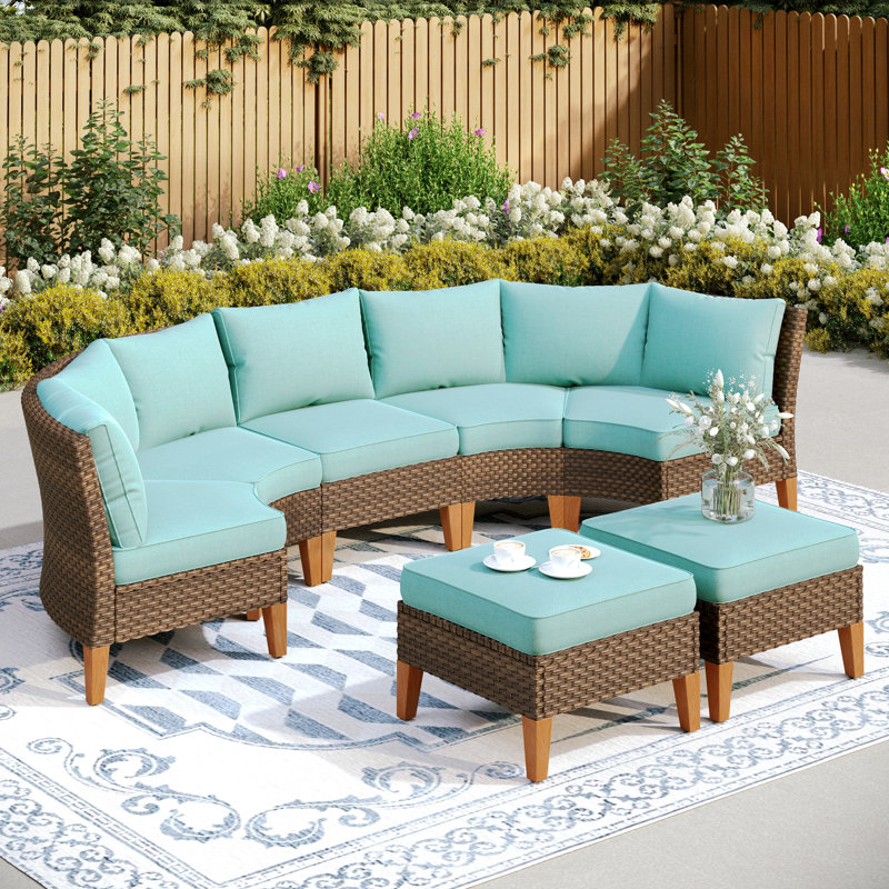 Salem 7 Piece Wicker Outdoor Patio Conversation Furniture Sectional Set with Fire Pit Table, Blue, No