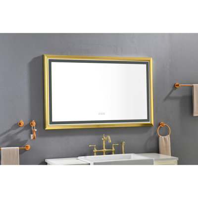Miroir de salle de bain mural 48 po x 30 po à DEL avec cadre en aluminium, brouillard, éclairage 3 couleurs, contrôle continu de la luminosité, savoir-faire exquis, options d'éclairage or brossé, surface,