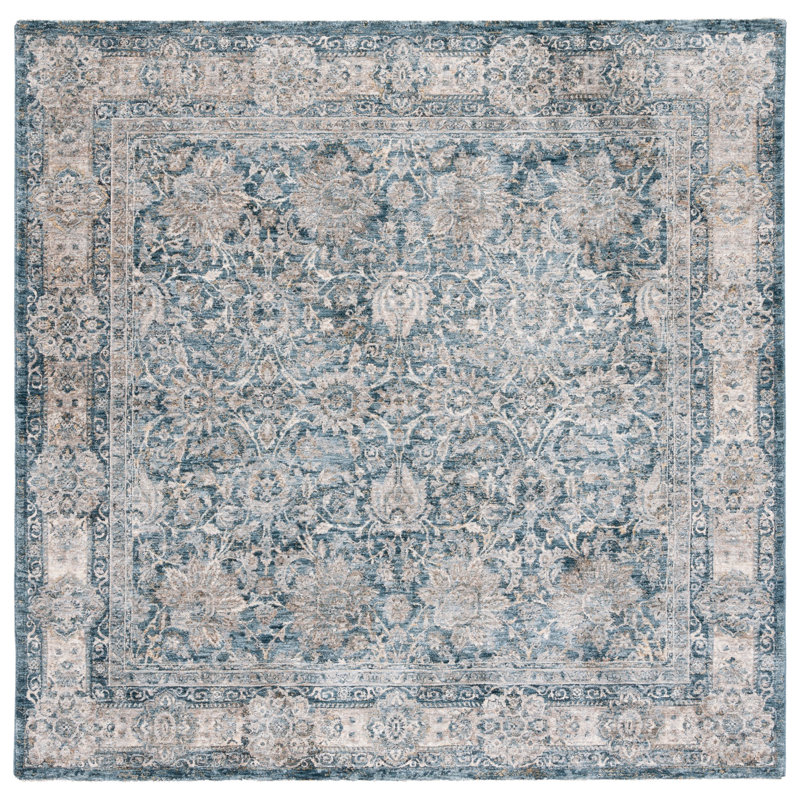 Tapis oriental bleu / ivoire / jaune Faneuil, Carré 6 pi 4 po