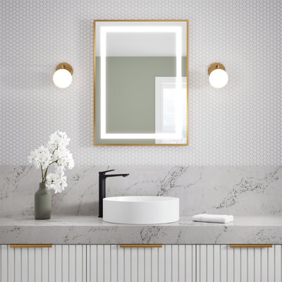 Effect LED-Illuminated Rectangular Mirror Brushed Gold Frame with Frosted Strip