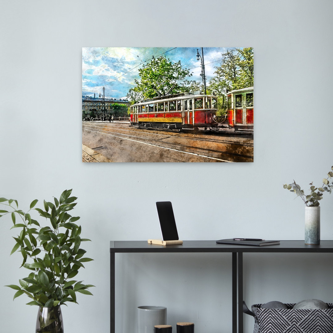 Vintage City Tram Classic Retro Vintage Architecture City Wall Art Print
