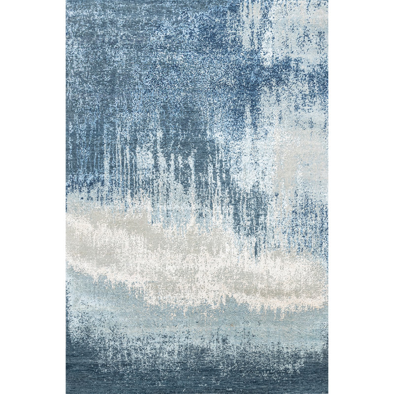 Tapis argenté et bleu noué à la main de haute qualité, Rectangulaire 8 pi x 10 pi