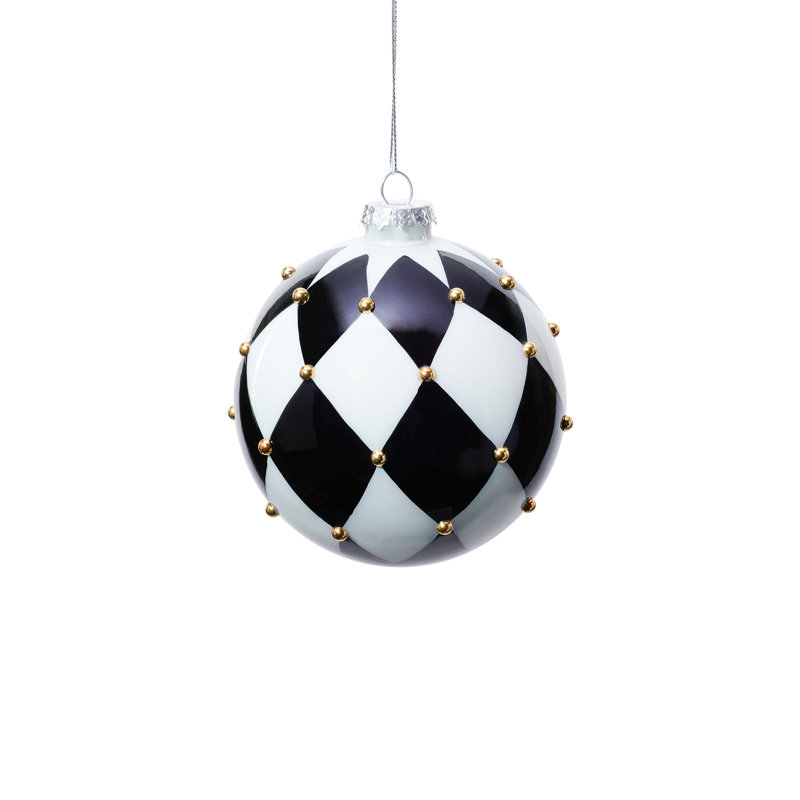 Boules de Noël en verre à motif arlequin noir et blanc, ensemble de 6, 4"