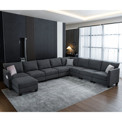 Amold 150'' U-shaped Modular Sectional Sofa, 8-seater Large Sectional Couch Sofa, Living Room Modular Cloud Couch With Ottoman