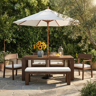 Ensemble repas de patio rustique 6 pièces avec table en bois d'acacia et coussins résistants aux intempéries Keaton