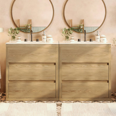Ensemble de meuble-lavabo double avec tiroirs pleine extension, glissières à fermeture en douceur et matériaux de haute qualité pour une salle de bain fonctionnelle et élégante