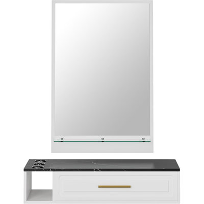 Wall Mount Salon Station with Mirror, Wall Mount Styling Station with 1 Drawer, 3 Hair Dryer Holders & Glass Shelf, Beauty Barber Spa Equipment for Hair Stylist(White)