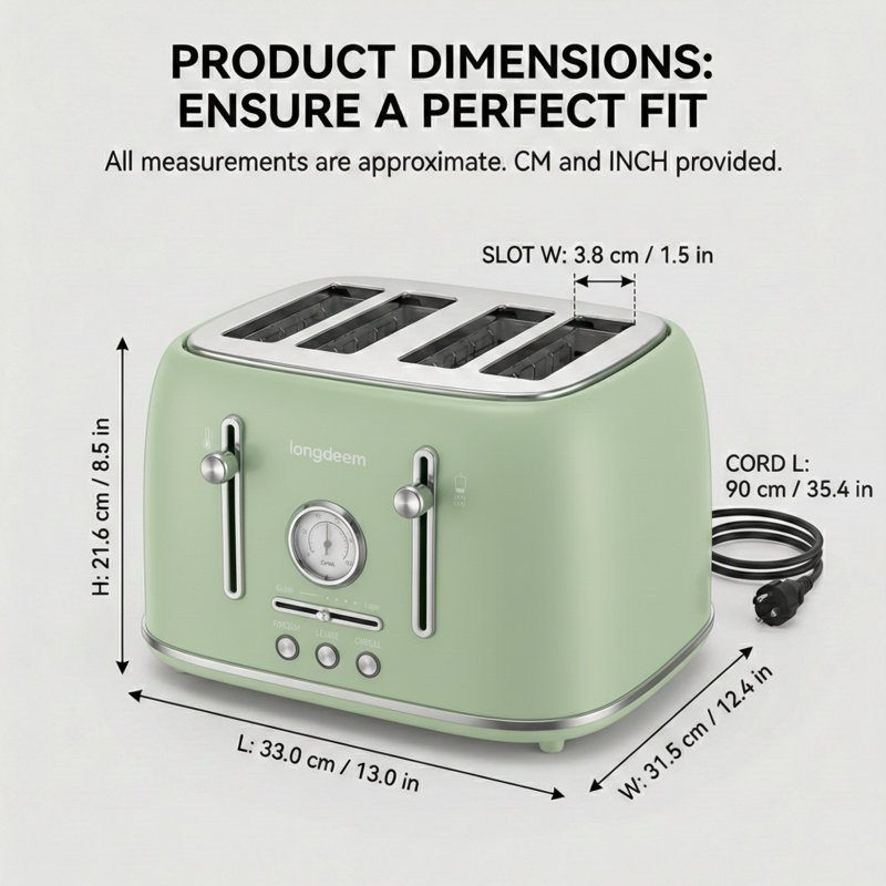 4 Slice Toaster, Extra Wide Slots, Longdeem Retro Stainless Steel Toasters, 6 Browning Options, Auto Shut Off & Frozen Function, Toast Fruit Bread, Bagel & Waffle
