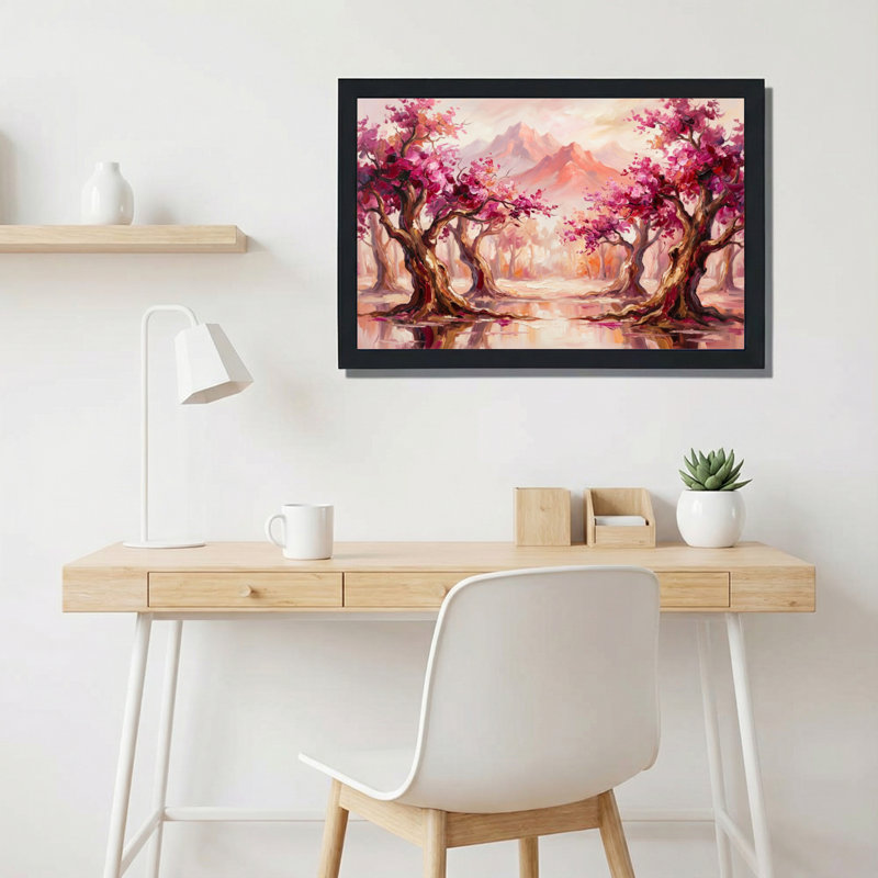 Tableau sur toile tendue représentant un paysage de montagne avec des cerisiers en fleurs, H 16 po x l 24 po