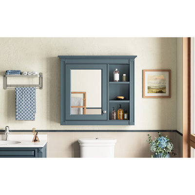 Armoire à pharmacie murale pour salle de bain, 30 po x 28 po, miroir avec 3 tablettes ouvertes, style moderne, grand rangement, finition peinte, rangement polyvalent 28 po pour salle de bain, planche, poignée rétro, finition