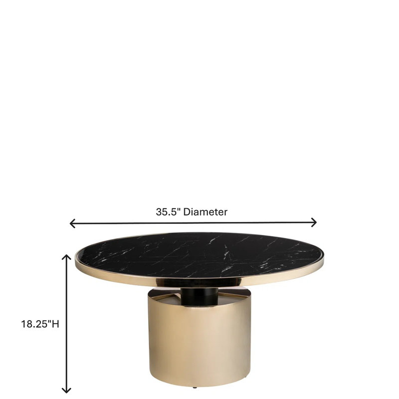 Caldria Taylor 35.5-Inch Round Coffee Table with Black Marble-Printed Glass Top and Gold Stainless Steel Frame, Black