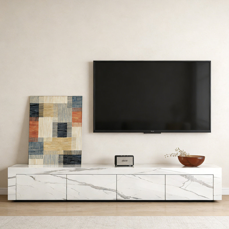 Meuble télé Minimalisme, H 13,77 po x L 86,61 po x l 15,74 po, Blanc / gris clair