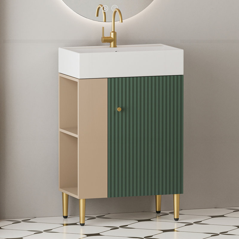 Meuble-lavabo à tablettes ouvertes avec lavabo en céramique et porte à fermeture douce, Vert
