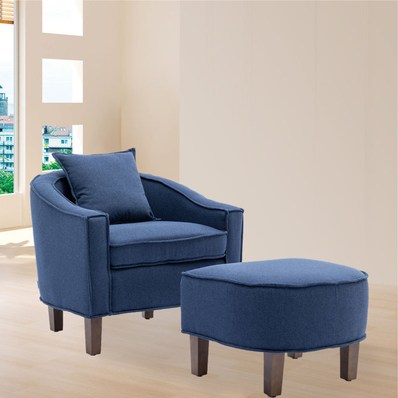 Fauteuil demi-tonneau avec repose-pieds Ohman 29,13 pouces de large, 100 % lin bleu marine