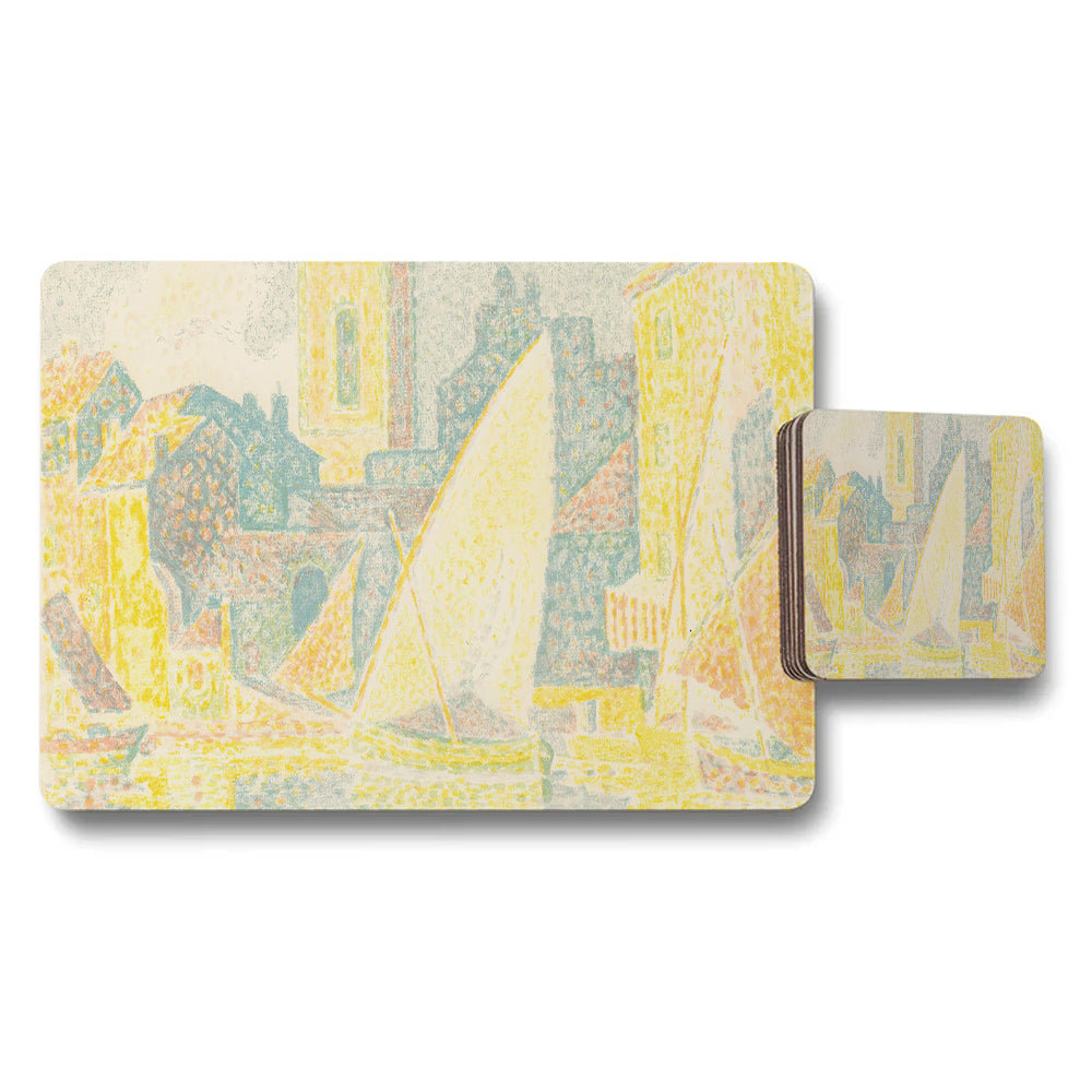 Pastel Cityscape Placemat And Coaster Set For Dining Tables
