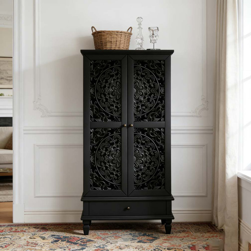 Rustic Storage Cabinet Drawer Carved Wood Accent Solid Wood Legs, Black