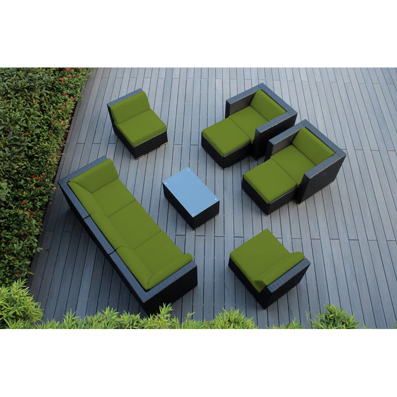 Ensemble de conversation en osier pour 7 personnes avec coussins Kiara, Sunbrella Ara, Noir