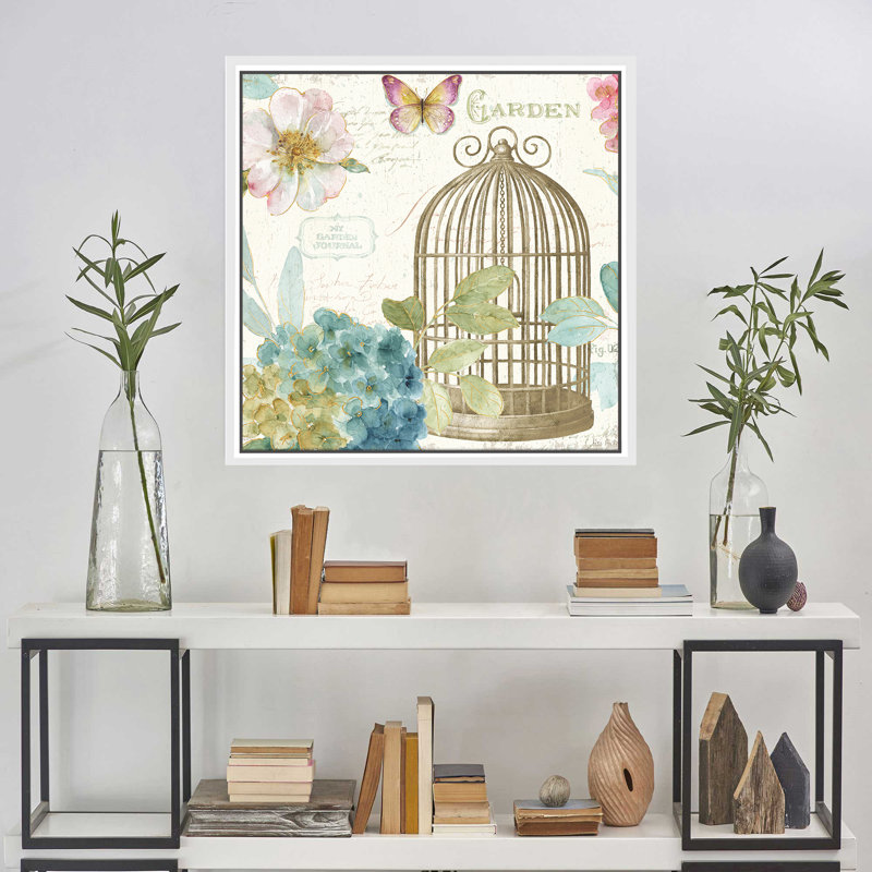 «Rainbow Seeds Floral Birdcage III v2», reproduction de peinture à l'aquarelle, H 21,5 po x l 21,5 po x P 2 po