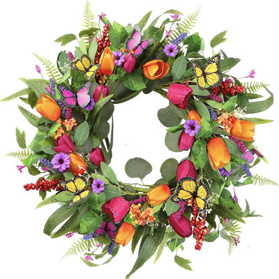Artificial Tulip Spring Summer Wreath For Front Door With Eucalyptus, Lavender, Ferns & Butterflies For Indoor Outdoor Home Decor