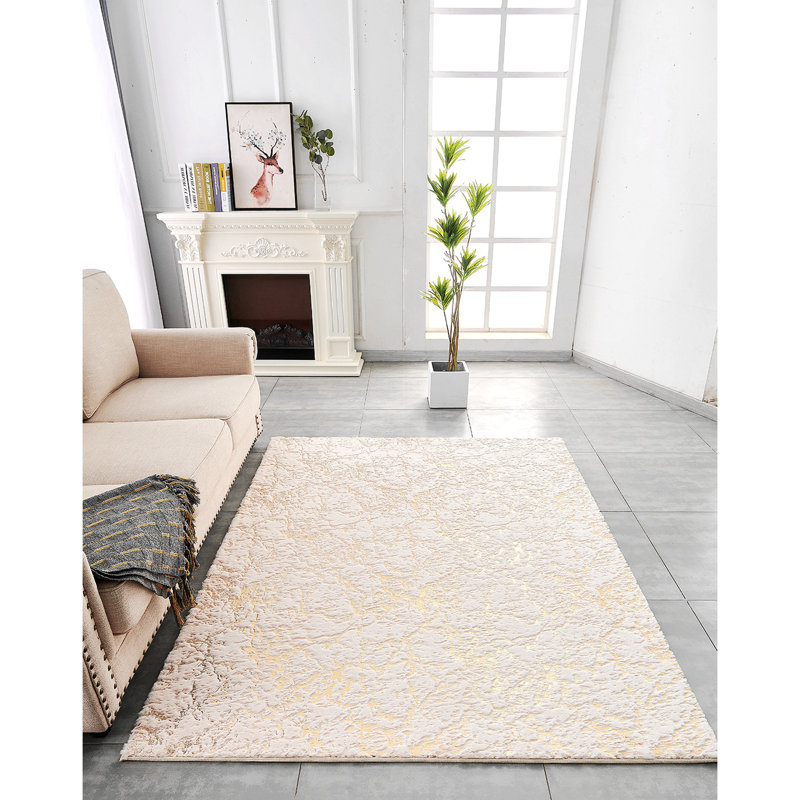 Tapis de luxe doré lavable à la machine à motif abstrait doré Chinchilla, Rectangle 6 pi x 9 pi