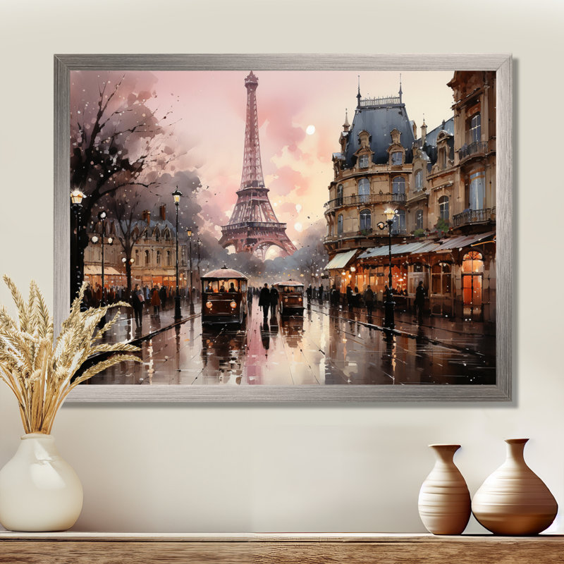 «Pink Twilight Rendezvous In Paris I», art mural de Paris pour le salon, H 30 po x l 40 po, Cadre photo unique, Argent argent