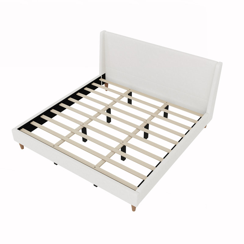 Upholstered Platform Bed With Wingback Headboard, Ivory, King