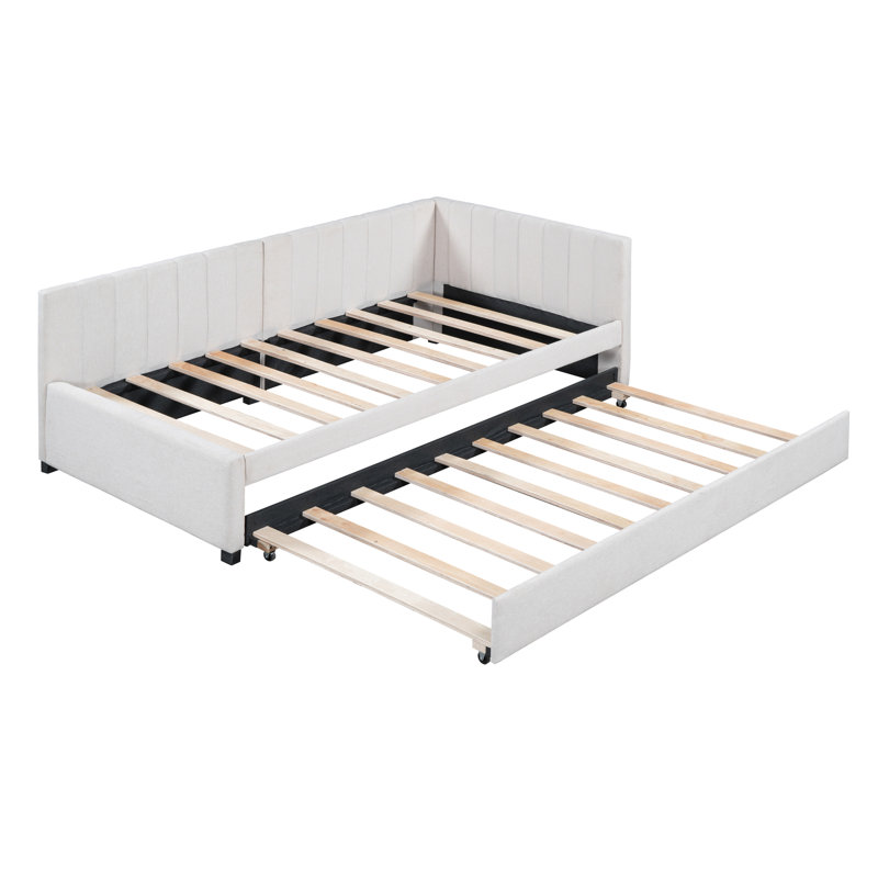  Upholstered Daybed with Trundle Sofa Bed Frame, No Box Spring Needed, Versatile and Space-Saving Design, Ideal for Guest Rooms or Lounging, Linen Fabric