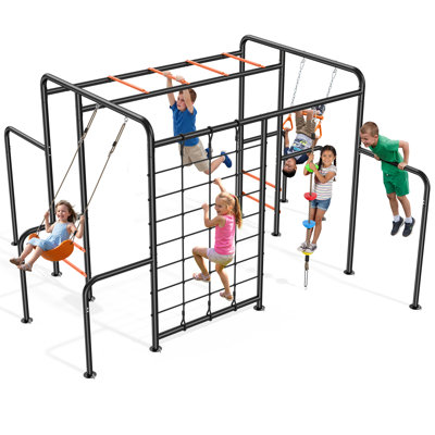 Kids Outdoor Jungle Gym – Metal Monkey Bars + Belt & Trapeze Swing, Heavy-duty 600 Lb Capacity, Metal Swing Sets for Backyard with Climbing Net & Rope