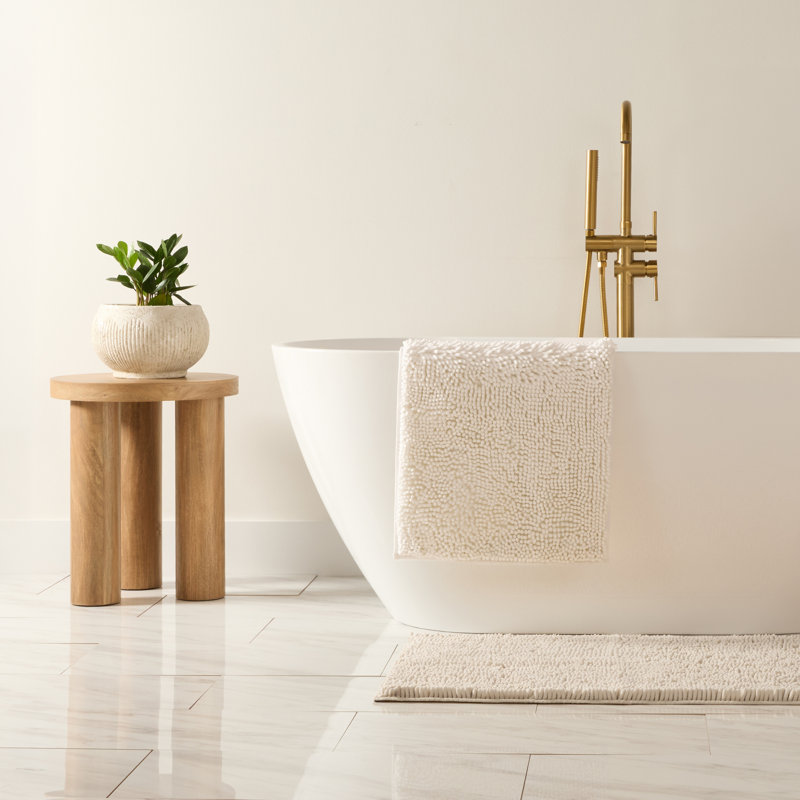 Soft Absorbent Chenille Bath Mat Rug with Anti-Skid Rubber Backing, Single - 24" L x 17" W, Ivory