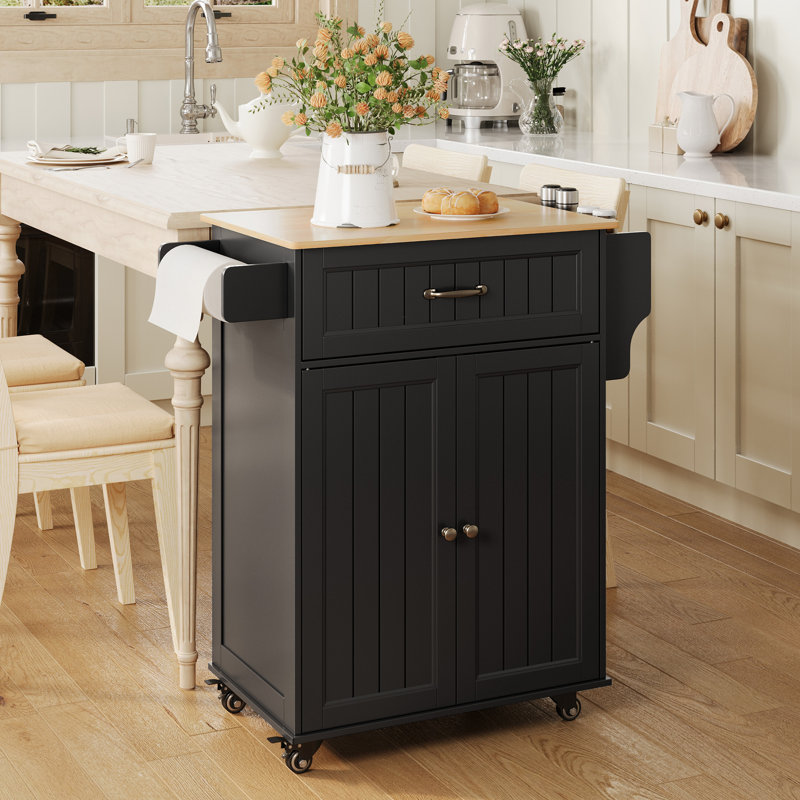 Solid Wood Top Rolling Kitchen Cart with Drawer, Storage Cabinet, Adjustable Shelf, Locking Wheels, Spice Rack & Towel Rack
