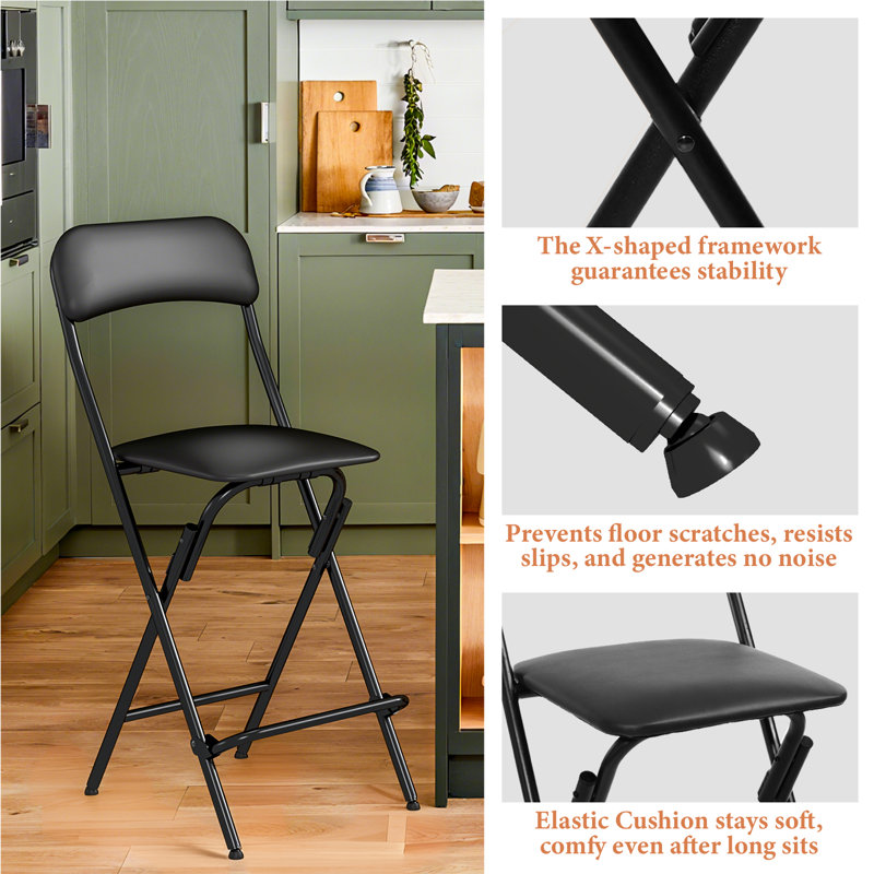 Tabouret de bar pliant rembourré en vinyle 38 po avec repose-pieds, hauteur de siège 24 po