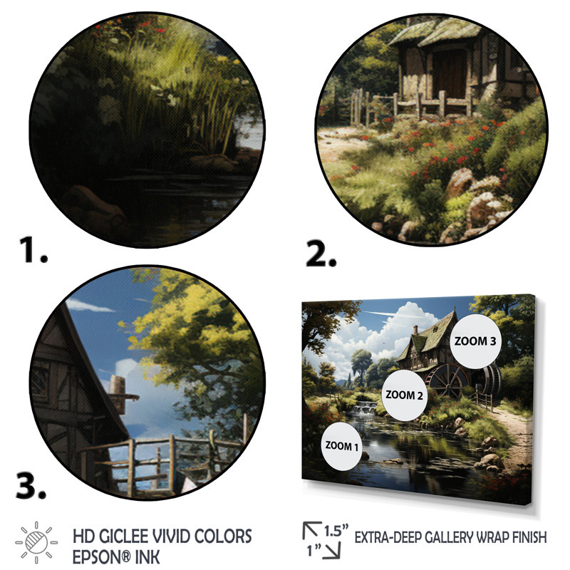 «Green Brown Mills Summer Mill Serenity», reproduction sur toile, Cadre flottant blanc, H 16 po x l 32 po x P 1 po