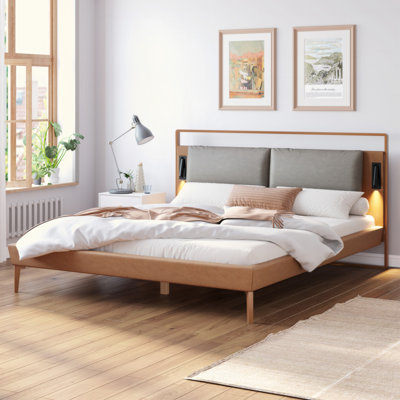 Brown&Gray Leather Bed with 2pcs Night Lights