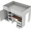 Lit mezzanine gris avec garde-robe, bureau, tablettes de rangement et tiroirs pratiques